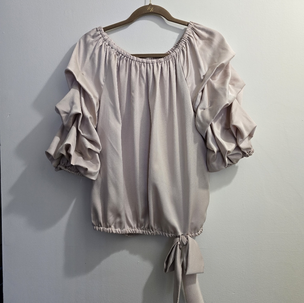 ☆ MSK Taupe Shimmer Off the Shoulder Puff Sleeve Top size L - Picture 3 of 14
